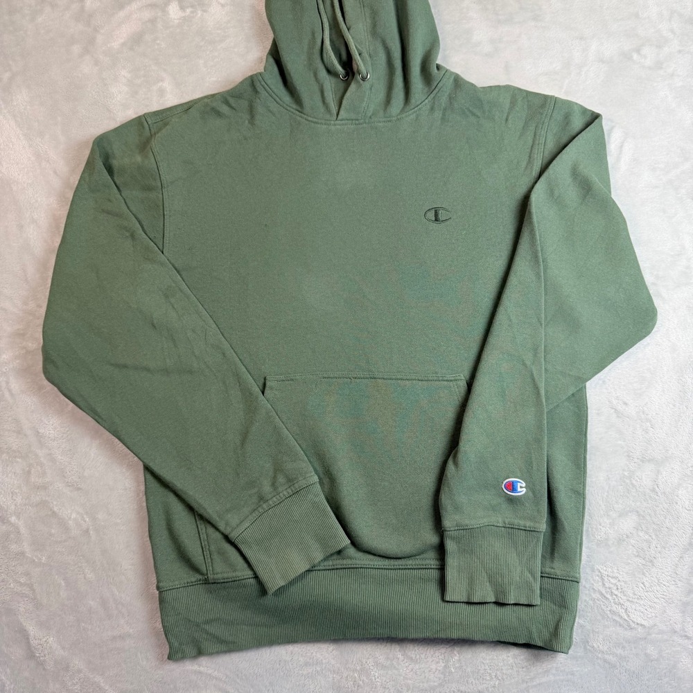 CHAMPION Vintage Men's S Green Pullover Hoodie Tonal C Logo Sleeve Patch